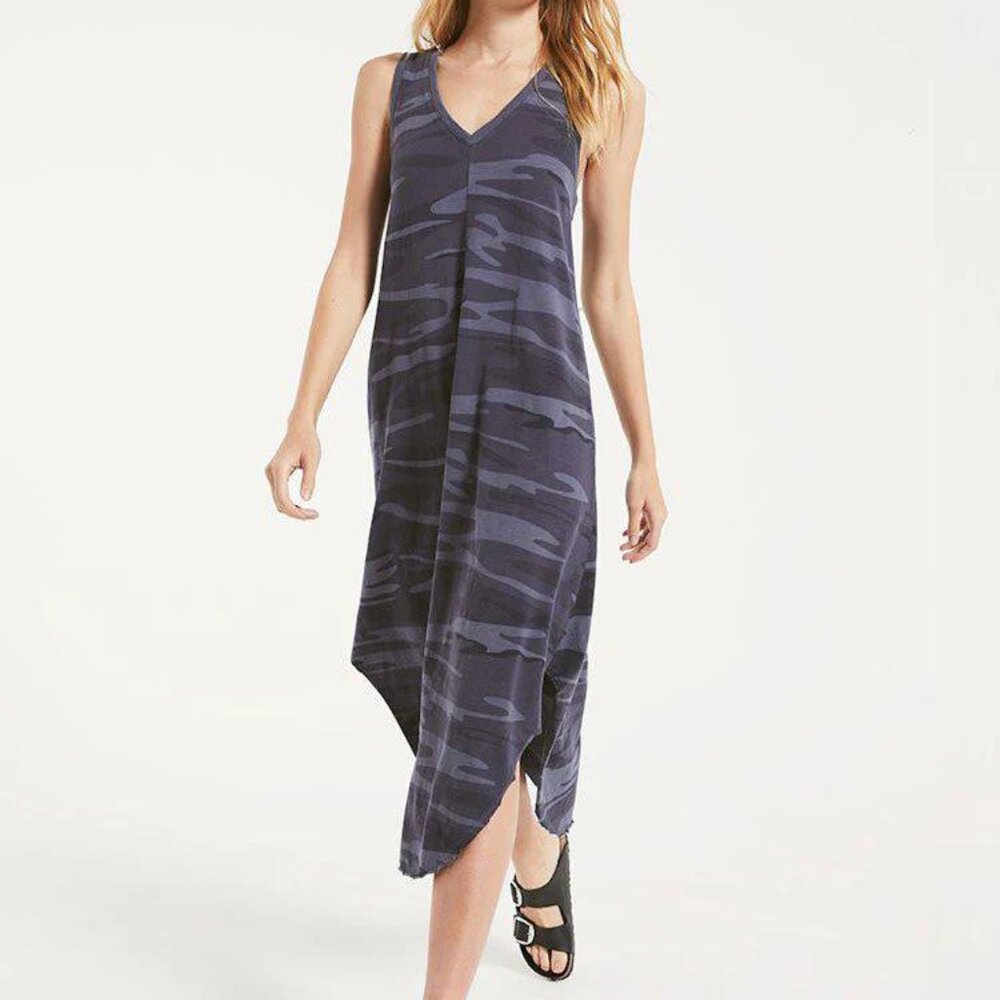Z Supply V-Neck Reverie Midi Curved Hem Dress Grey Camouflage Size XS